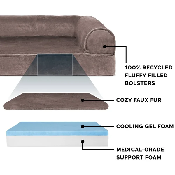 FurHaven Faux Fur & Velvet Cooling Gel Sofa Dog Bed - Large, Driftwood Brown