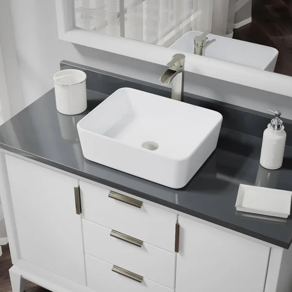 Rene R2-5007-W-R9-7007 White Porcelain Vessel Sink with Vessel Faucet and Vessel Pop-Up Drain - Brushed Nickel