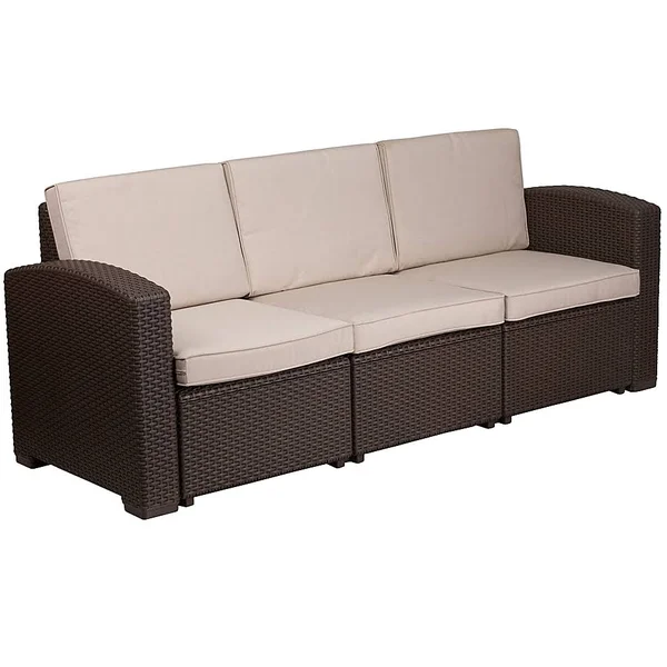 Flash Furniture Outdoor Faux Rattan Sofa in Chocolate Brown with Beige Cushions