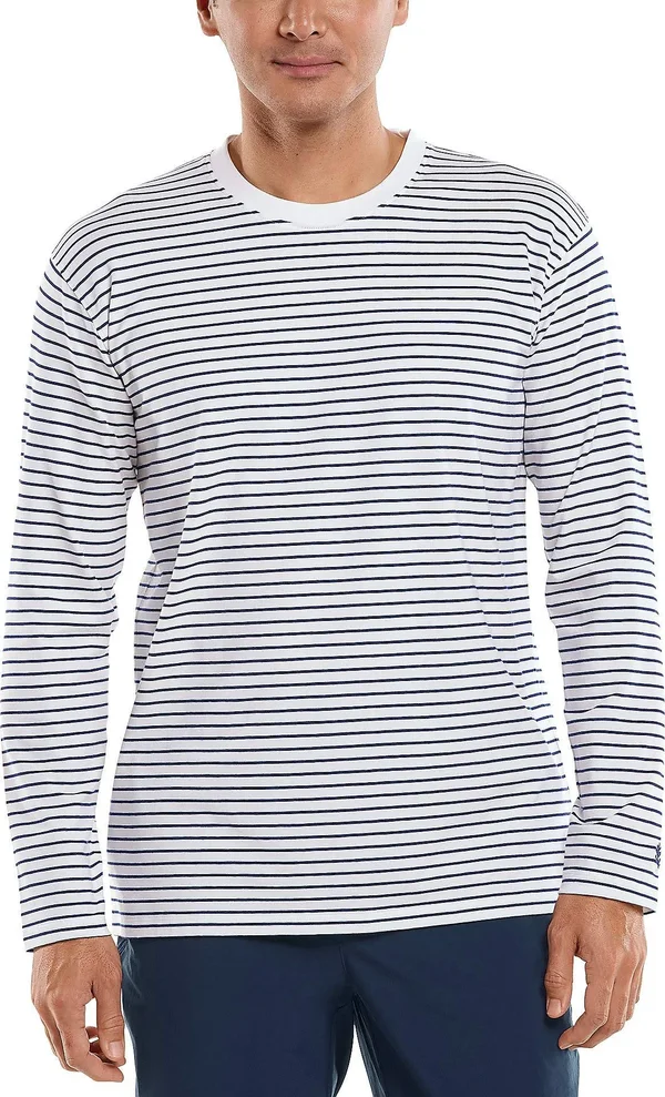 Coolibar Men's Morada Everyday Long Sleeve T-Shirt - Shirts for Men, White/Navy Stripe, XX-Large