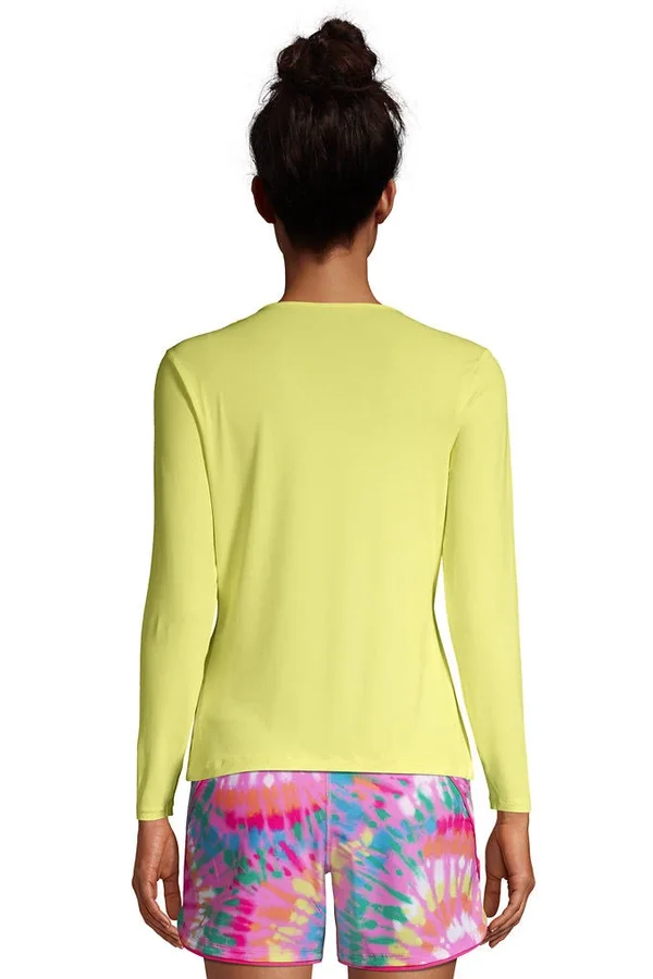 Women's Crew Neck Long Sleeve Rash Guard UPF 50 Sun Protection Modest Swim Tee - Lands& End - Yellow - M