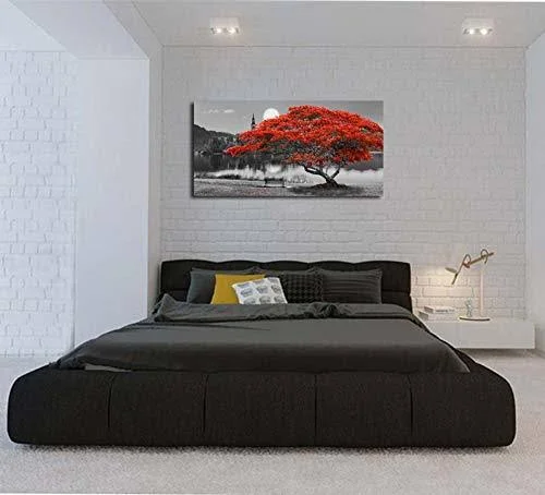 Arjun Canvas Wall Art Painting Red Tree Lake Moon Picture One Panel Extra Large size, Modern Panoramic Landscape Artwork Prints