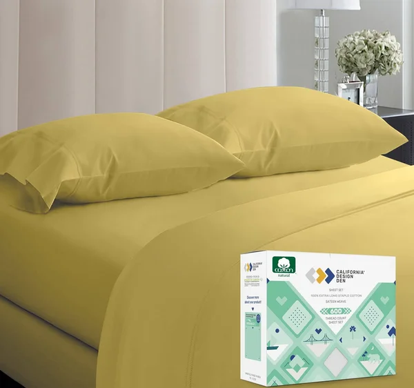 California Design den Luxe Smooth Sateen Solid Sheet Set Queen, Gold, Sheet Set - 100% Sateen Cotton - 600 Thread Count