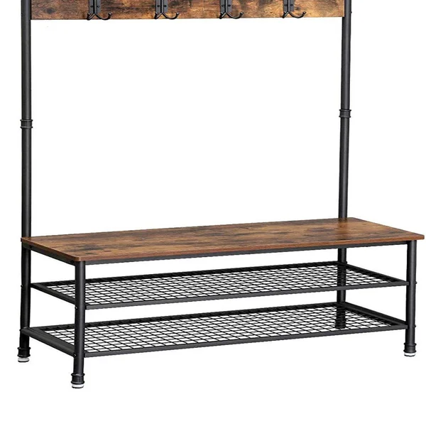 Benjara Metal Coat Rack with Wooden Bench and Two Wire Meshed Shelves, Brown and Black