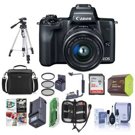 Canon Eos M50 Mirrorless Camera with EF-M 15-45mm f/3.5-6.3 Is STM Lens, Black - Bundle with 32GB SDHC Card, Camera Case, Tripod