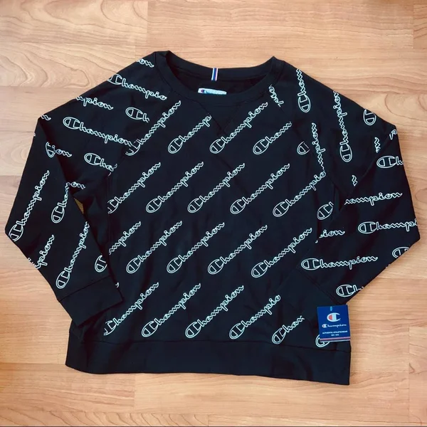 Champion Women's Plus Heritage French Terry Print Crew Outline Script Black 1x