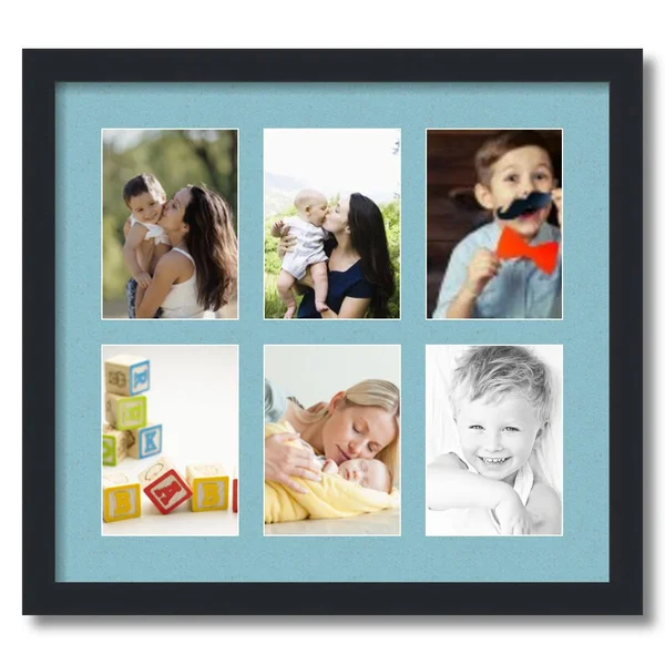 Collage Picture Frame, Satin Black Frame with 6 openings for 5x7 Photos with French Blue Mat. D3926FB2041, ArtToFrames