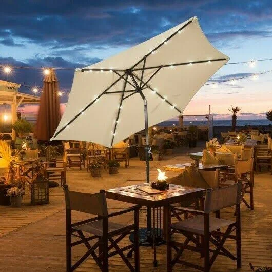 Goplus 9' Solar LED Lighted Patio Market Umbrella Tilt Adjustment Crank Lift Beige