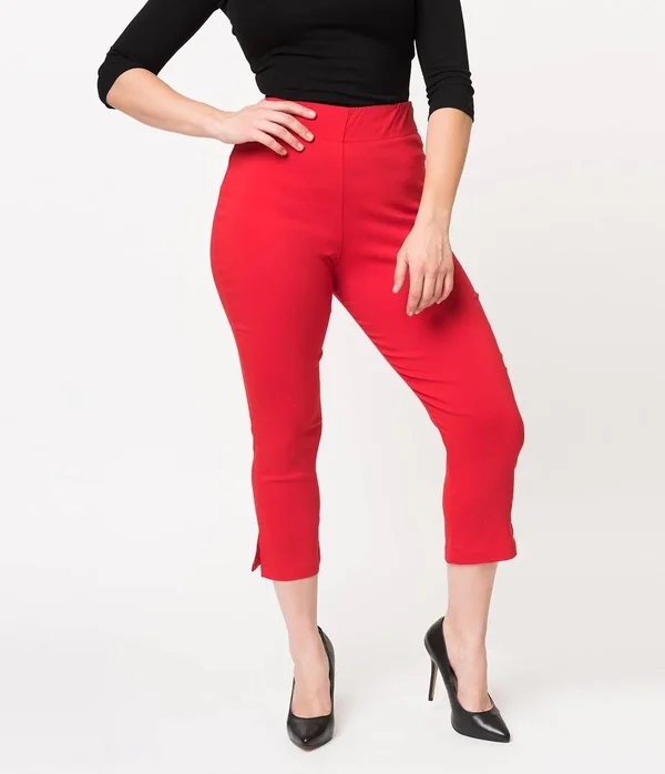 Unique Vintage Red High Waist Rachelle Capri Pants, Size M/6-8