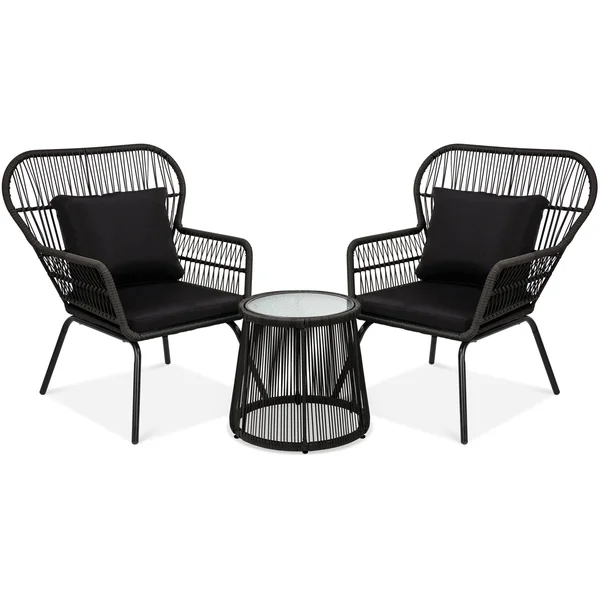 Best Choice Products 3-Piece Patio Conversation Bistro Set - Outdoor Wicker w/ 2 Chairs, Cushions, Side Table - Black