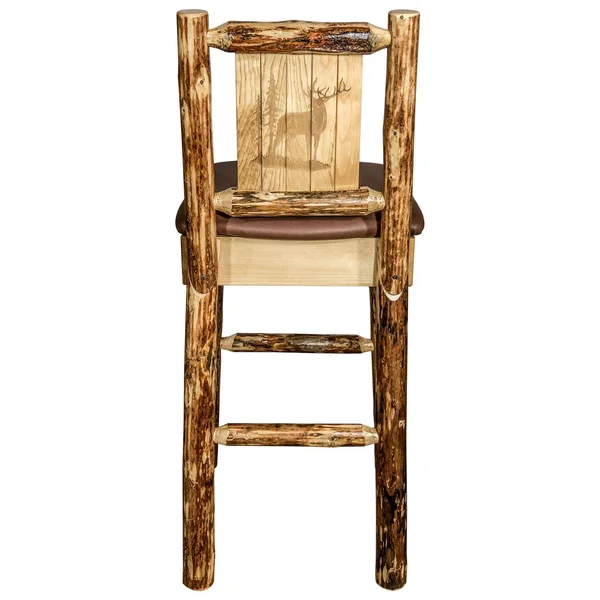 Montana Woodworks MWGCBSWNRSADDLZELK Glacier Country Barstool with Back - Saddle Upholstery with Laser Engraved Elk Design