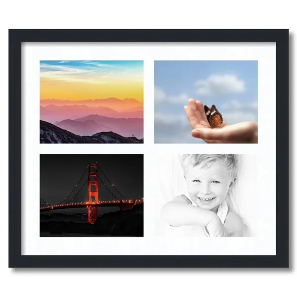 Collage Picture Frame - Satin Black Frame with 4 openings for 8x10 Photos with Super White Mat. D3926T10, ArtToFrames