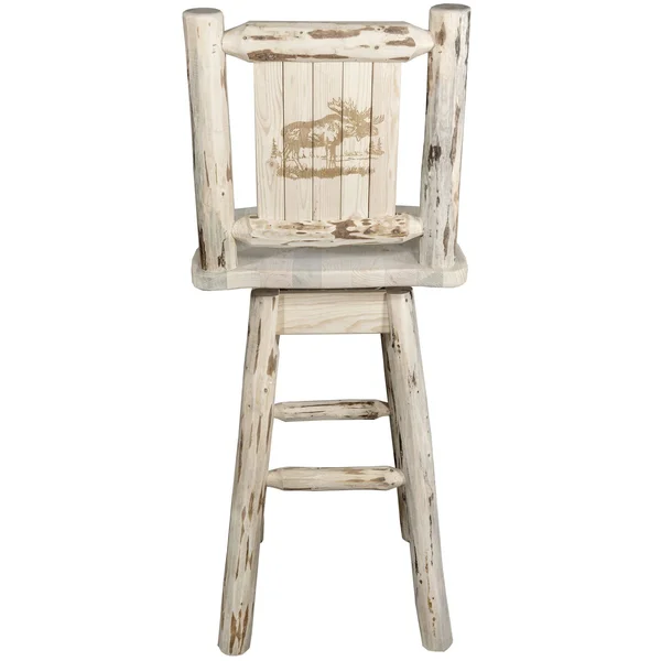 Montana Collection Barstool w/ Back & Swivel w/ Laser Engraved Moose Design, Clear Lacquer Finish