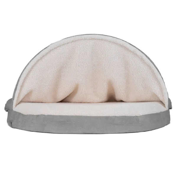 FurHaven Pet Dog Bed, Memory Foam Round Faux Sheepskin Snuggery Burrow Pet Bed for Dogs & Cats (Gray, 35x22 Base)