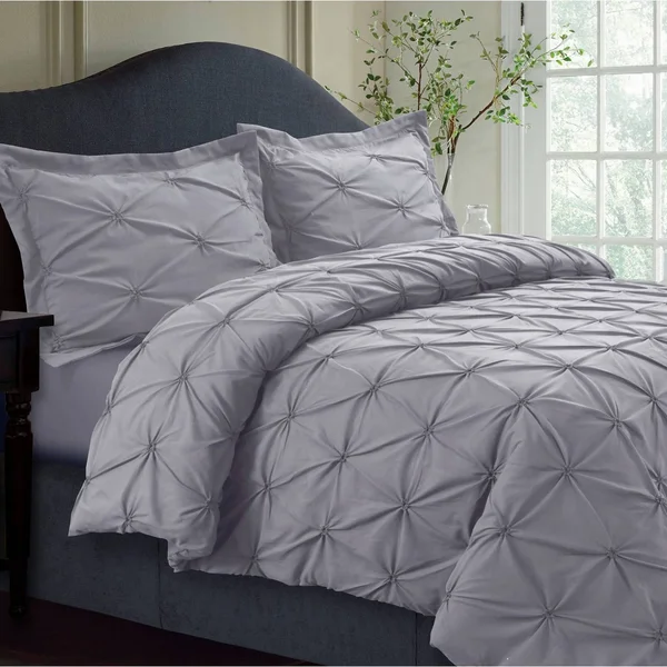 Tribeca Living Sydney Pintuck Oversized Duvet Set - Silver - Queen