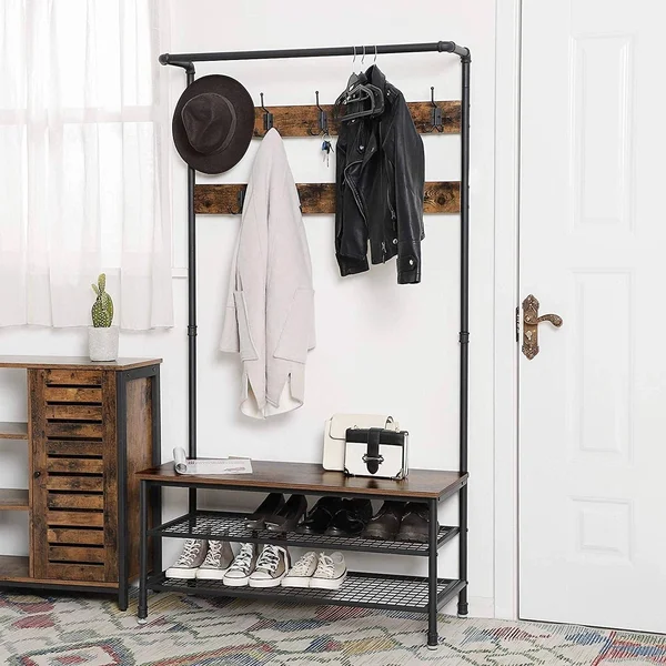 Benjara Metal Coat Rack with Wooden Bench and Two Wire Meshed Shelves, Brown and Black