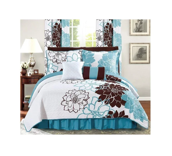 All American Collection New 4pc Printed Reversible Bedspread Set with Dust Ruffle Twin Size, Turquoise/Brown