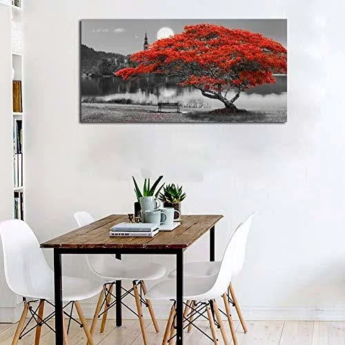 Arjun Canvas Wall Art Painting Red Tree Lake Moon Picture One Panel Extra Large size, Modern Panoramic Landscape Artwork Prints