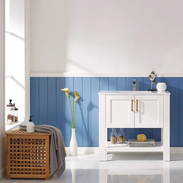Vinnova Grayson 36x22 Single Vanity in White and Composite Carrara White Stone Countertop Without Mirror