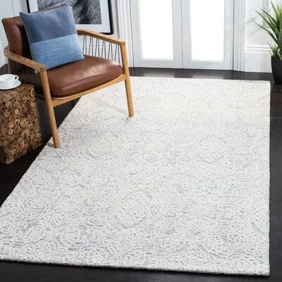 Alfrik Damask Handmade Tufted Wool Ivory/Blue Area Rug House of Hampton Rug Size: Rectangle 5' x 8'