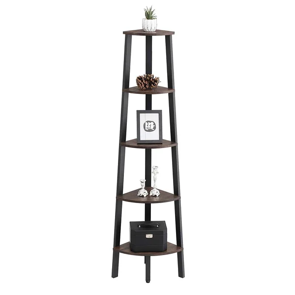 Industrial Style Free Standing Iron Bookcase with Five Wooden Shelves Brown and Black