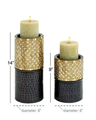 Decmode Metal Mosaic Candle Holder - Set of 2 Gold - Silver - 24101