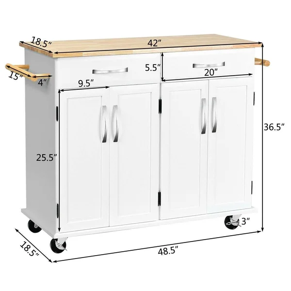 Costway Kitchen Trolley Island Utility Cart Wood Top Rolling Storage - White