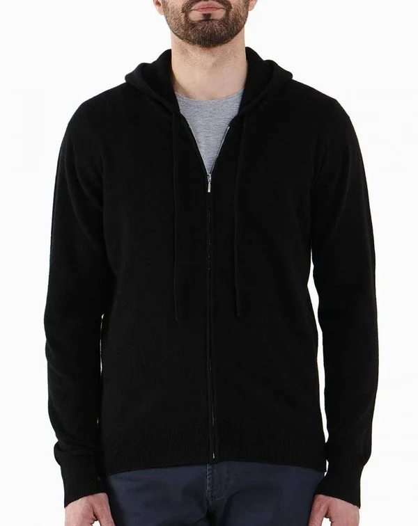 Men’s Pure Cashmere Zip Hoodie - Made in Italy - Black (40-0002) - 2XL