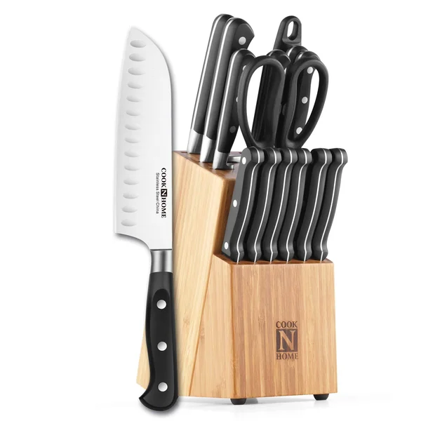 Cook N Home 02630 15-Piece Knife Set with Bamboo Storage Block - Stainless STEE Silver