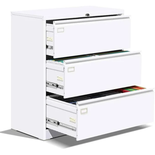 Suncrown 3 Drawer Lateral File Cabinet with Lock Metal Lateral - White