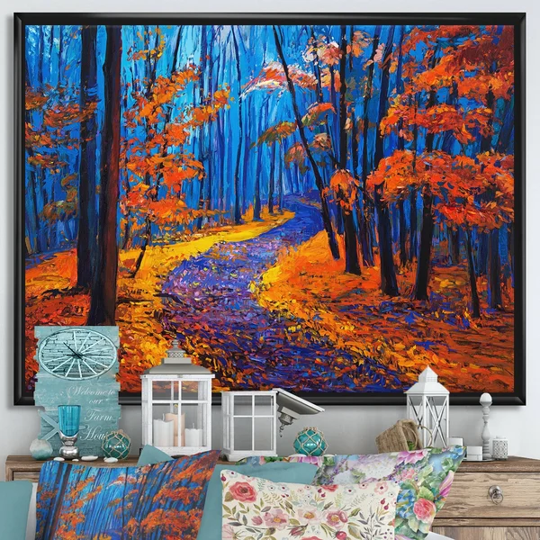 Designart 'Autumn Colored Forest Treescape XXXVI' Traditional Framed Canvas Wall Art Print - 20 in. Wide x 12 in. High - Black