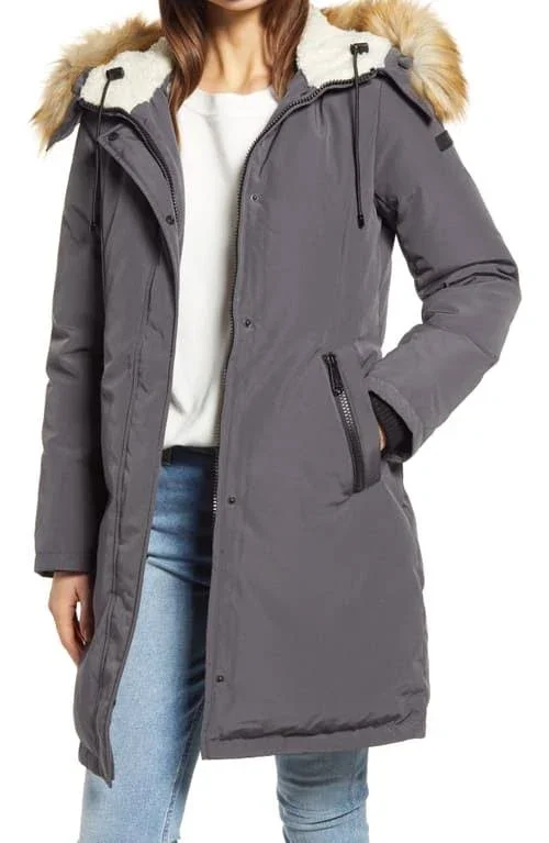 Women's Sam Edelman Faux Fur Trim Down Jacket - Size X-Small - Black