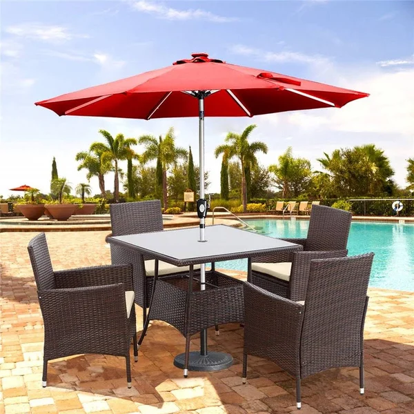 5 Piece Outdoor Patio Dining Set - Wicker Glassed Table and Cushioned Chair, Umbrella Cut Out, Brown, Size: 83