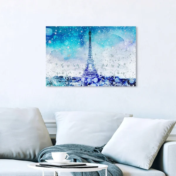 Oliver Gal &Eiffel Glitter Blue& Cities and Skylines Wall Art Canvas Print - Blue, White (24 x 16)
