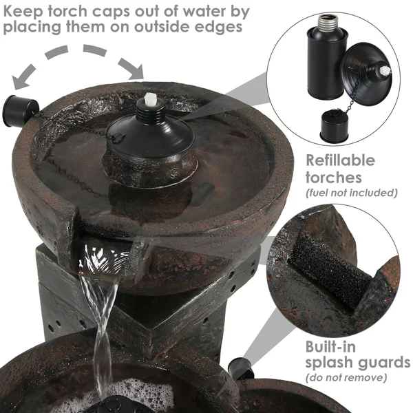 34x22 Burning Bowls 3-Tier Outdoor Water Fountain - Sunnydaze Decor