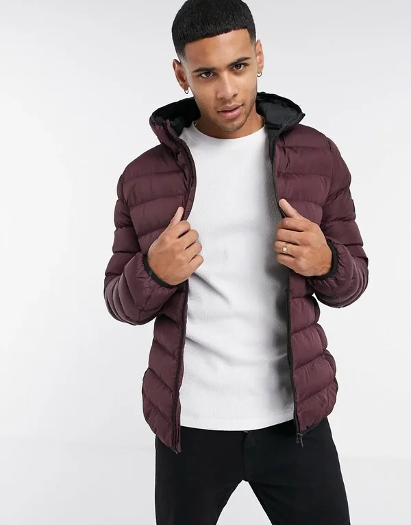French Connection Padded Hooded Jacket in burgundy-Red - ASOS Outlet