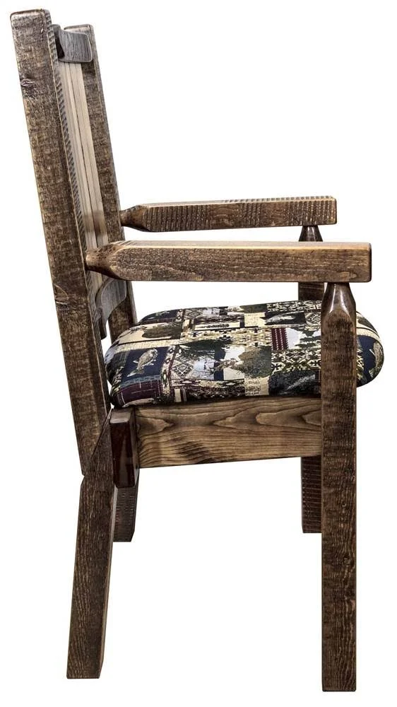 Montana Woodworks Homestead Collection Captain&s Chair - Woodland Upholstery w/ Laser Engraved Moose Design, Stain & Lacquer