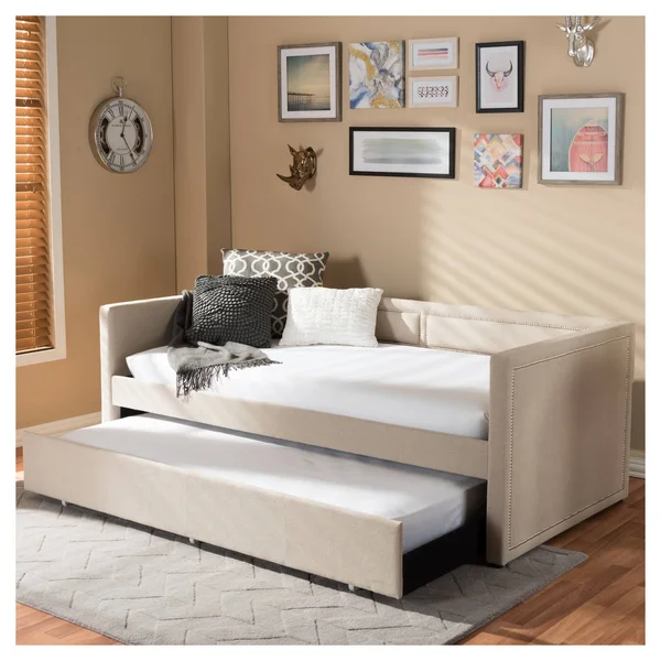 Baxton Studio Raymond Beige Linen Fabric Nail Heads Trimmed Sofa Twin Daybed with Roll-Out Trundle Guest Bed