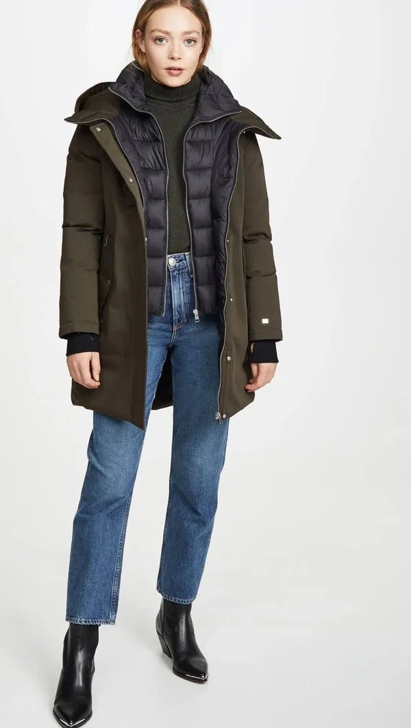 Soiau0026Kyo Belina Mid-Length Classic Down Coat with Puffy Bib - L, Army