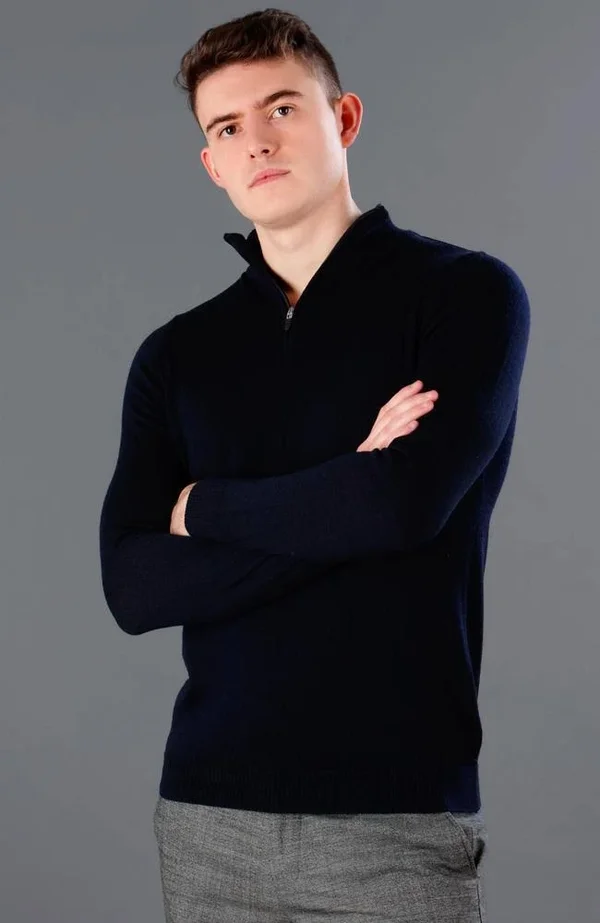 Mens 100% Extra Fine Merino Wool Quarter Zip Jumper - Navy, S