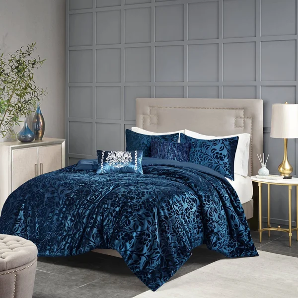 Home Essence Edith 5 Piece Faux Velvet Comforter Set - Size: King, Blue