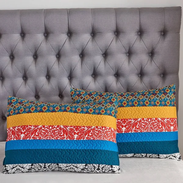 Boho Stripe Quilt Reversible 3 Piece Bohemian Design Bedding Set - Turquoise - King