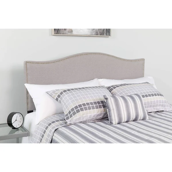 Lexington Upholstered Queen Size Headboard, Accent Nail Trim, Light Gray Fabric