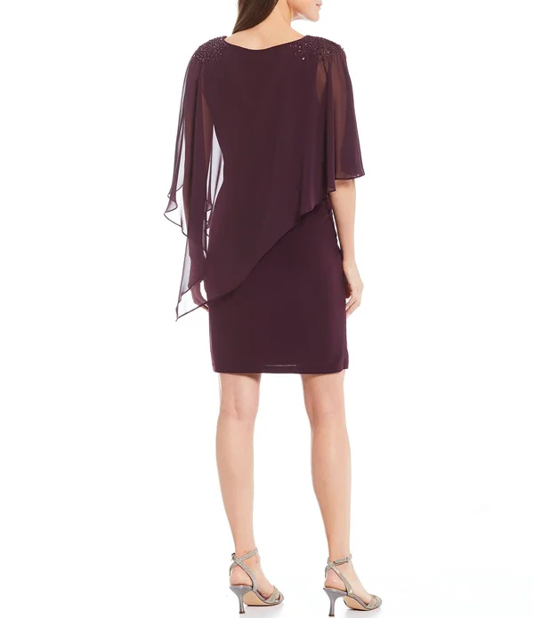 Ignite Evenings Chiffon Asymmetric Overlay Beaded Shoulder Detail Round Neck Sheath Dress - 6
