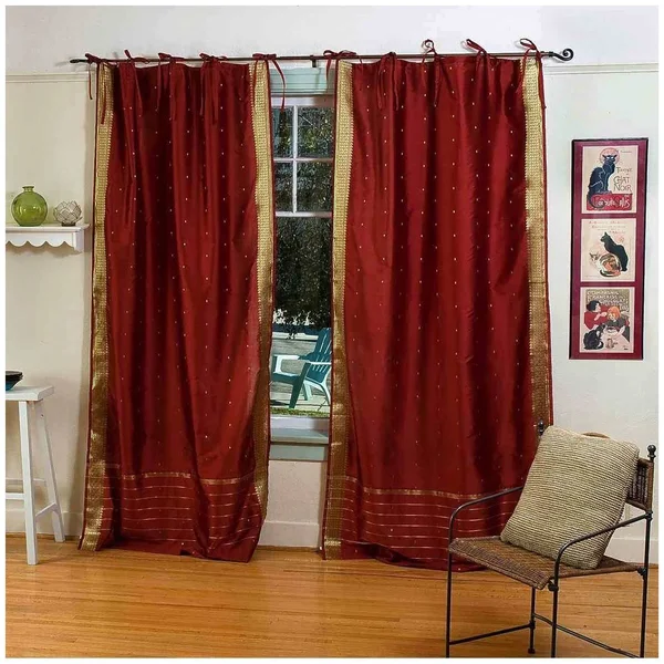 Rust Tie Top Sheer Sari Curtain, Drape, Panel - Piece, Red