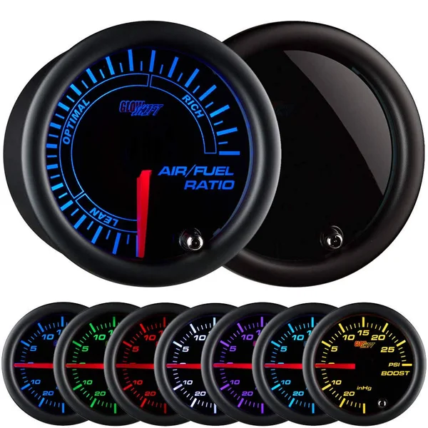 GlowShift Tinted 7 Color Narrowband Air/Fuel Ratio AFR Gauge - Lean - Optimal & Rich Readings - Black Dial - Smoked Lens - 2