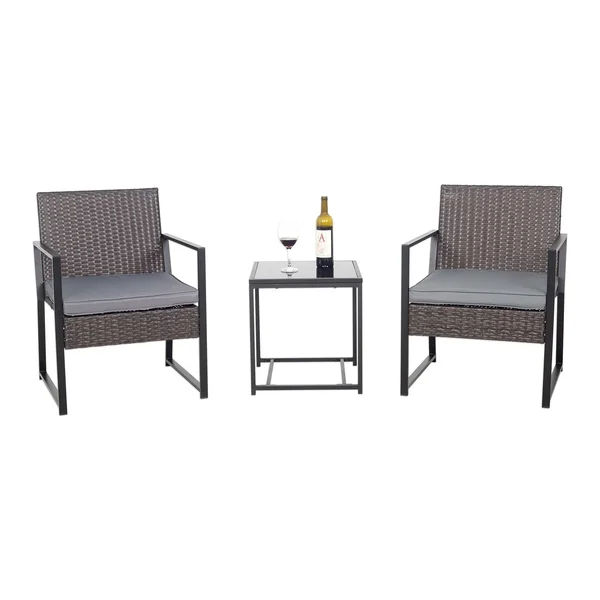 SOLIDEE 3 Piece Patio Furniture Set, PE Wicker Rattan Conversation Set with Beige Cushions and Glass Side Table, Outdoor Bistro