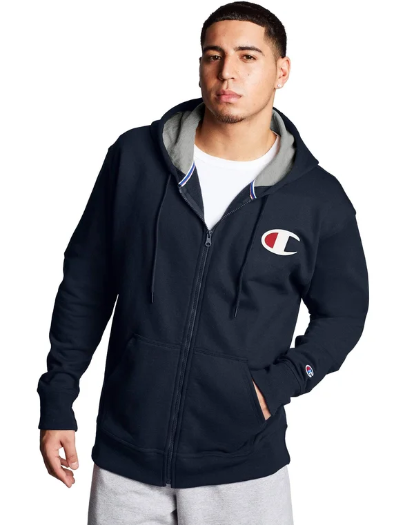Champion Men's Powerblend Graphic Full Zip Hoodie, XXL, Blue