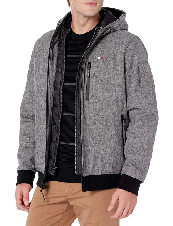Tommy Hilfiger Men's Hooded Bomber Jacket, Large, Gray