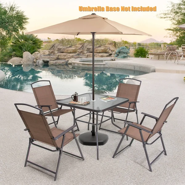 6 Pcs Patio Dinning Set with 4 Folding Chairs, Glass Table and Tan Umbrella Without Base - Brown - 6-Piece Sets